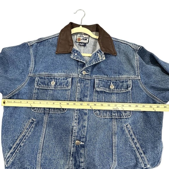 Vintage Ivy Crew Unisex Denim Jacket Size L Brown Leather Collar 90s Y2K Jean - Picture 8 of 10